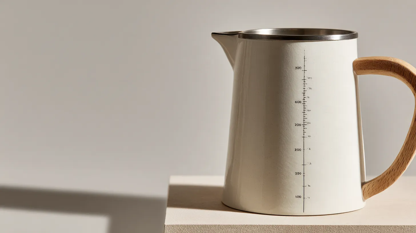 Pourline measuring pitcher in warm-white stoneware with charcoal graduation lines, a brushed steel rim and an oak handle, on pale limestone